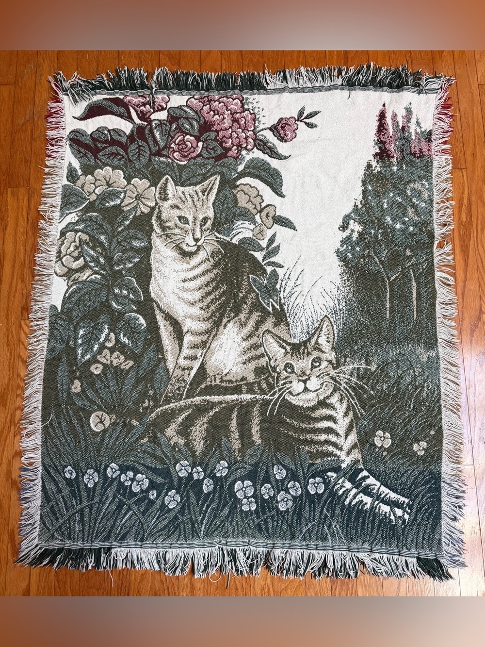 Vintage Woven Tapestry Throw Blanket Cats Garden Floral Fringe 40” X 51”